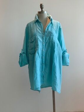 Chic, Click Linen Turquoise Button-Up Tunic Top Sz 2X
